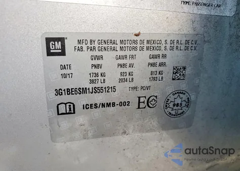 2018 Chevrolet Cruze Lt из США, поврежденный, VIN 3G1BE6SM1JS551215